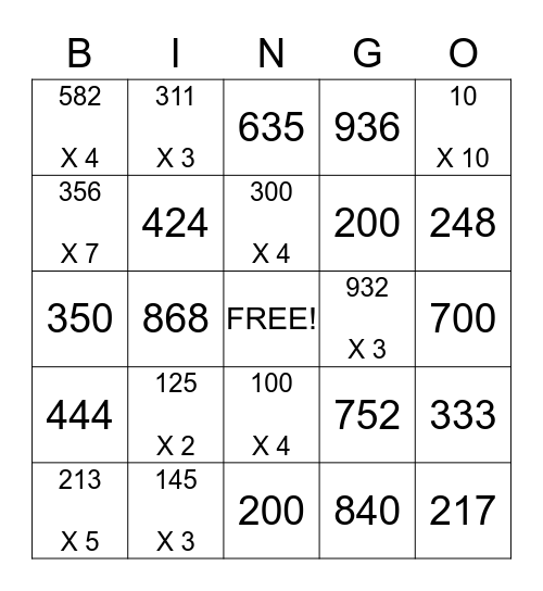 Mighty Multiplication Bingo Card