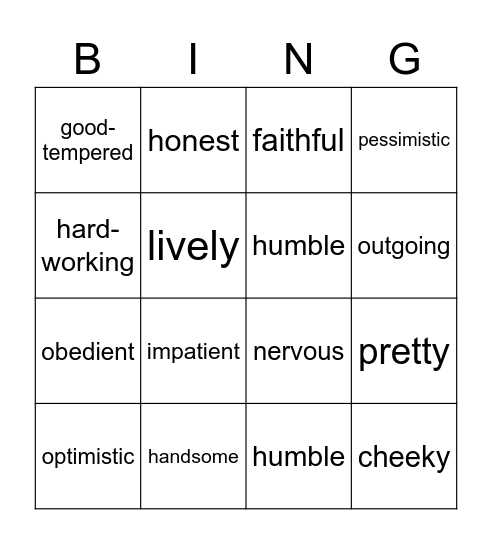 Personality adjectives Bingo Card