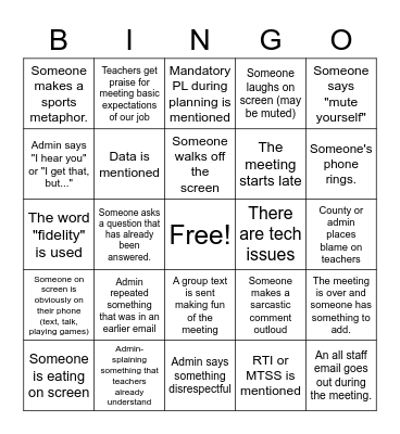 Staff Zoom Meeting Bingo Card