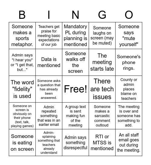 Staff Zoom Meeting Bingo Card