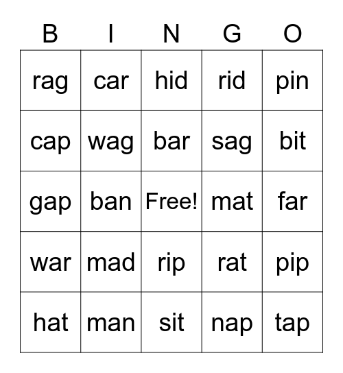 CVC Words Bingo Card