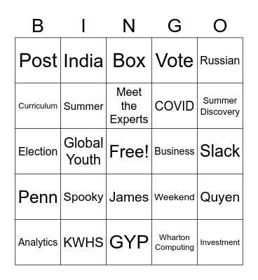 Global Youth Program Team Bingo Card