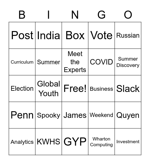 Global Youth Program Team Bingo Card