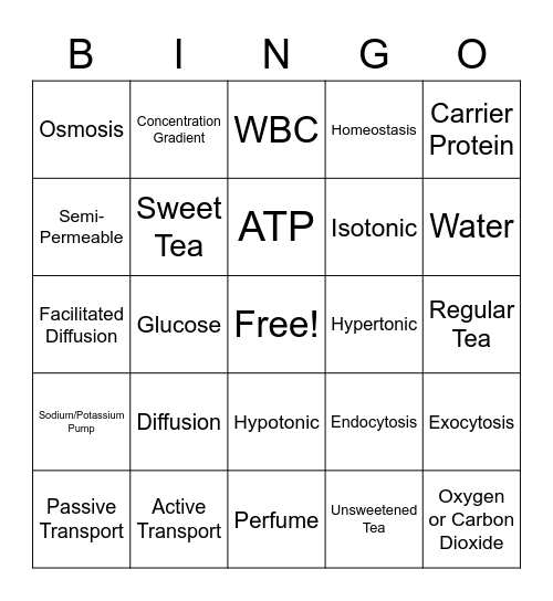 Cell Transport Bingo Card