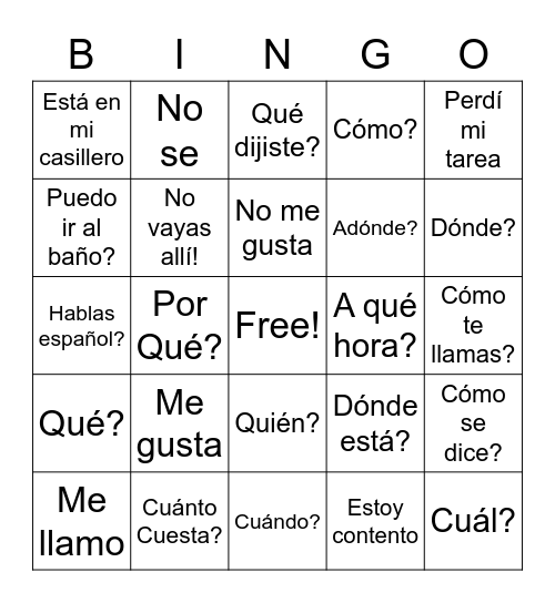 Spanish Bingo Test Run Period 4 Bingo Card