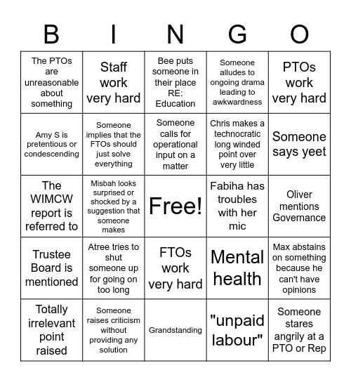 Executive Commitee Bingo Card