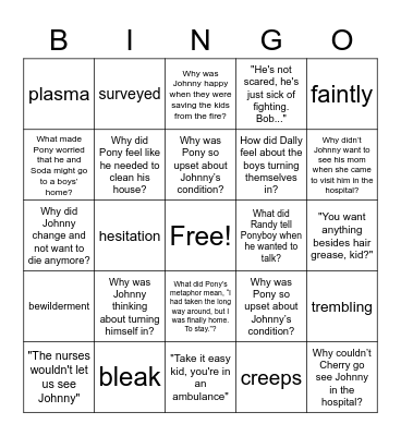 The Outsiders CH. 6-8 Bingo Card