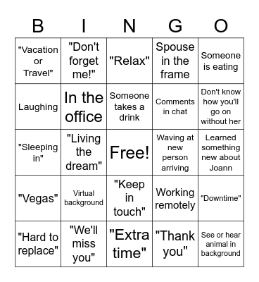 Joann's Retirement Bingo Card