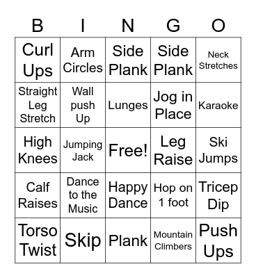 Mr Miller's Exercise Bingo Card