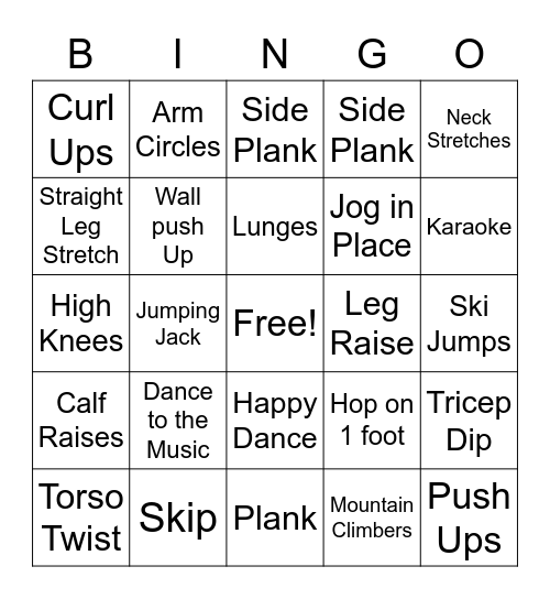 Mr Miller's Exercise Bingo Card