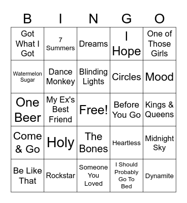 Top 100 Songs Bingo Card