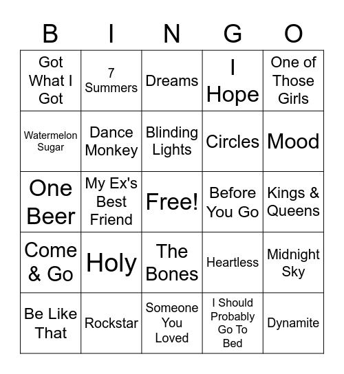 Top 100 Songs Bingo Card
