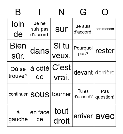 Les Prépositions Bingo Card