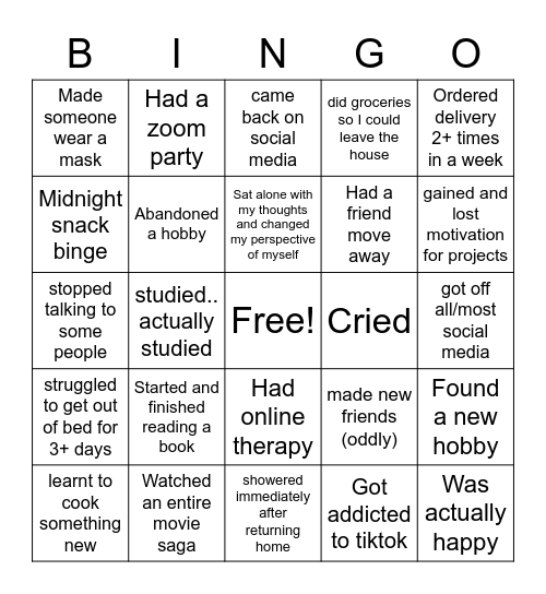 Quarantine Bingo Card