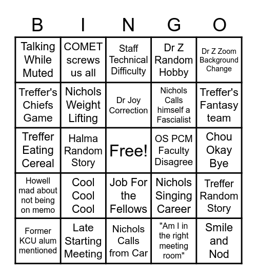 KCU Faculty Bingo Card