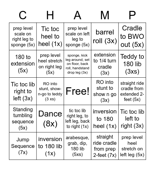 Stunt Group CHAMP Bingo Card