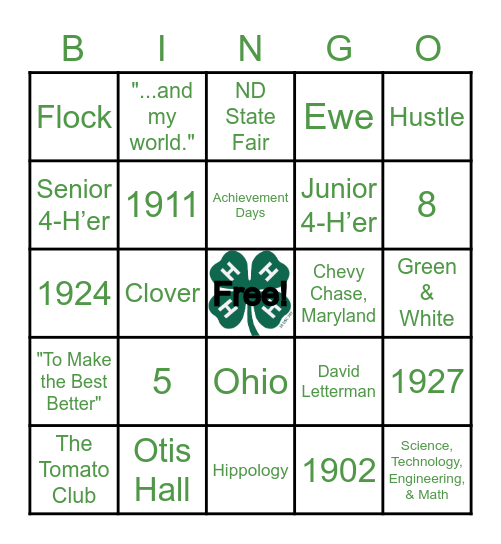 Mountrail County 4-H Bingo Card