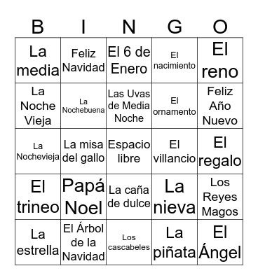 Spanish Holiday Bingo Card