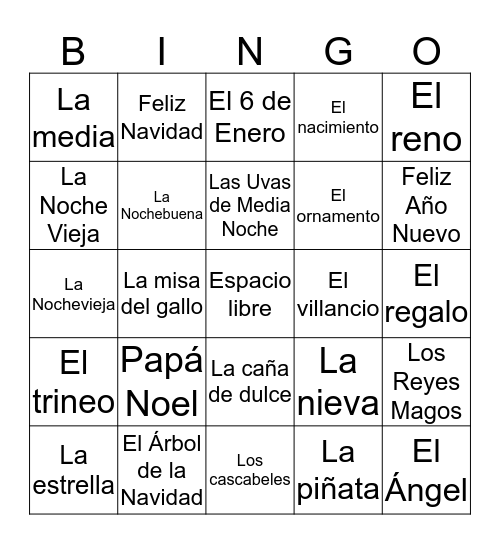 Spanish Holiday Bingo Card