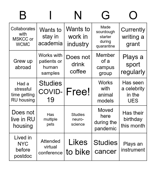 Postdoc Bingo Card