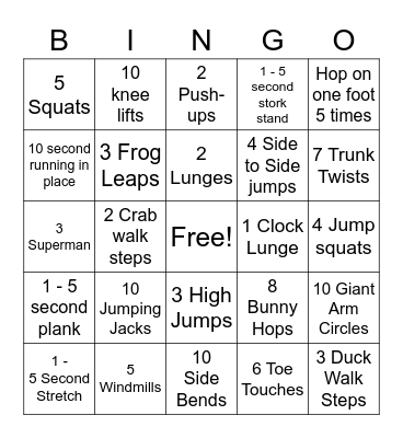 Physical Activity Bingo Card