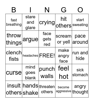 ANGER WARNING SIGNS Bingo Card