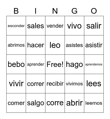 ER and IR verbs Bingo Card