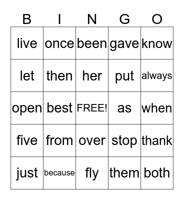 Sight Words 15-19 Bingo Card