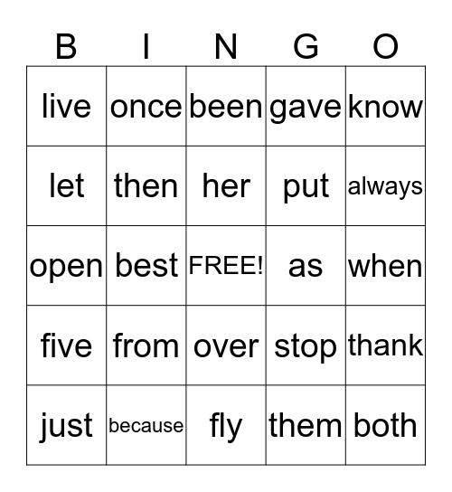 Sight Words 15-19 Bingo Card