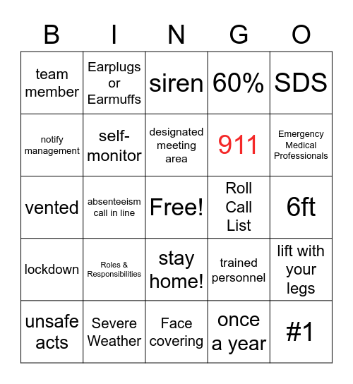 Safety Bingo Card