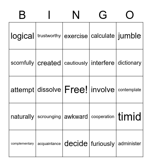 Wyman Vocabulary Bingo Card