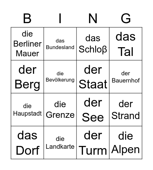 GERMAN 2 GEO VOCAB Bingo Card
