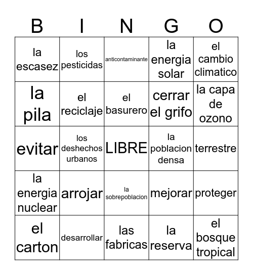 Los Problemas Ambientales Bingo Card