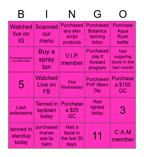 Pink Wednesday Bingo Card