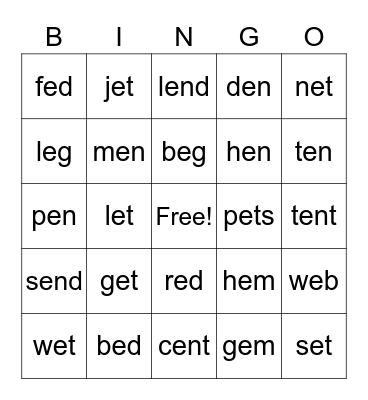 Short -e Bingo Card