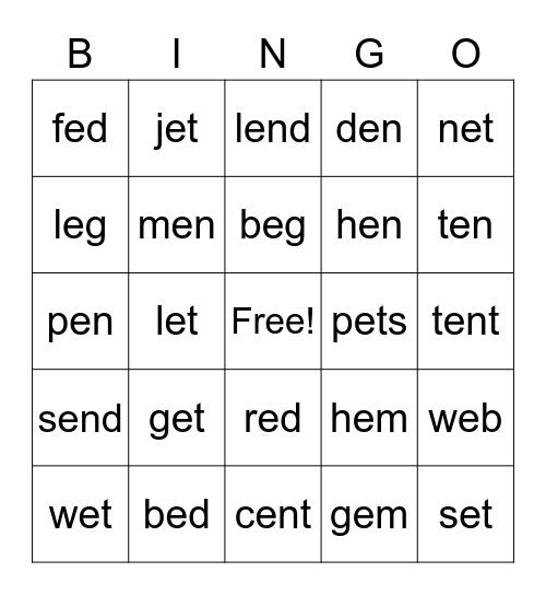 Short -e Bingo Card
