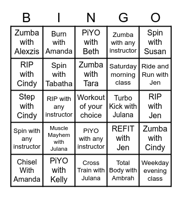 Group Fitness Bingo Card