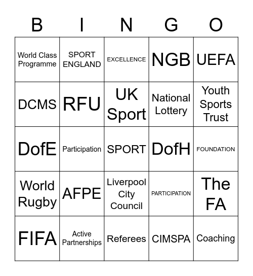Sport Development Bingo Card