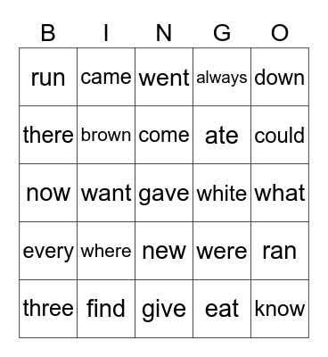 Tricky sight words Bingo Card