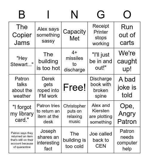 Oshtemo Branch Staff Bingo Card