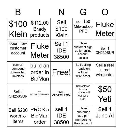 Counter Sales Bingo Card