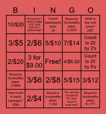 Unit Price BINGO!  Get a Calculator for this!! Bingo Card