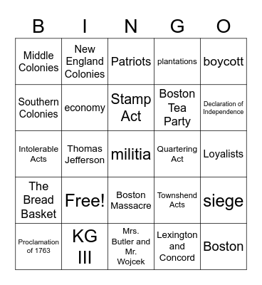 Road to Revolution BINGO Card