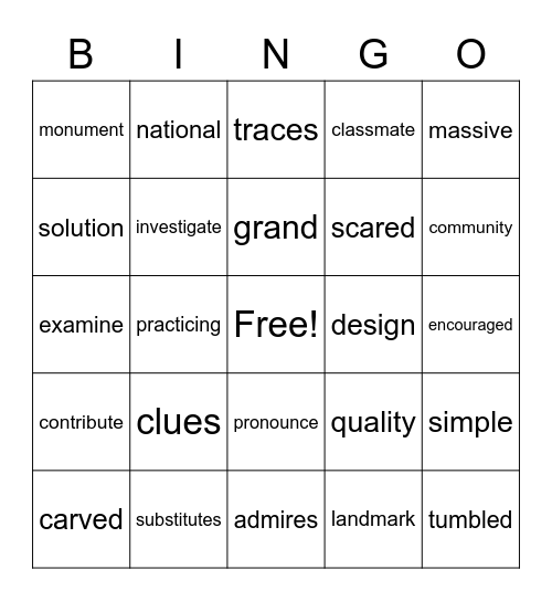 vocabulary Unit 1 Bingo Card