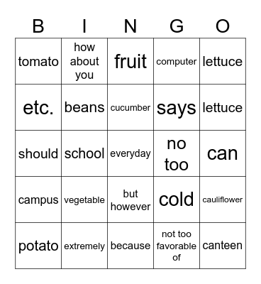 蔬菜 Bingo Card