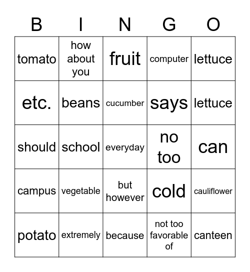 蔬菜 Bingo Card