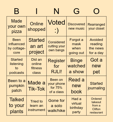 URGE Quarantine Bingo Card