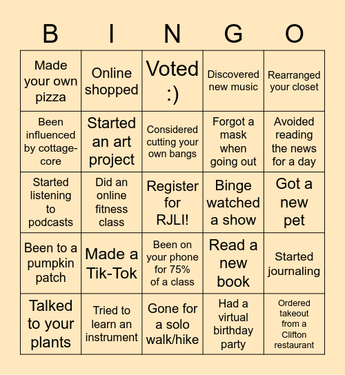 URGE Quarantine Bingo Card