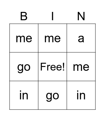 Sight Words Bingo Card