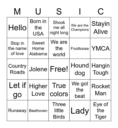 Name that Song Bingo Card